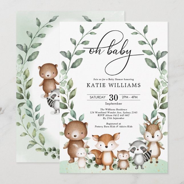 Whimsical Woodland Animals Greenery Baby Dusche Einladung (Vorne/Hinten)