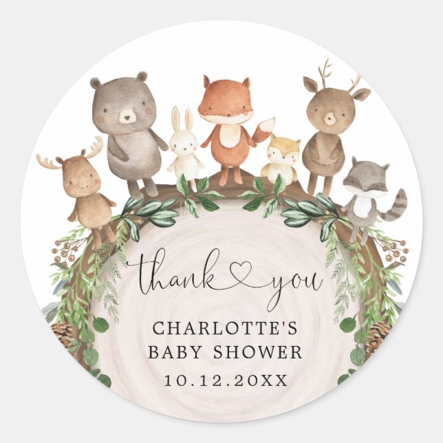 Whimsical Woodland Animals Greenery Baby Dusche Runder Aufkleber (Vorderseite)