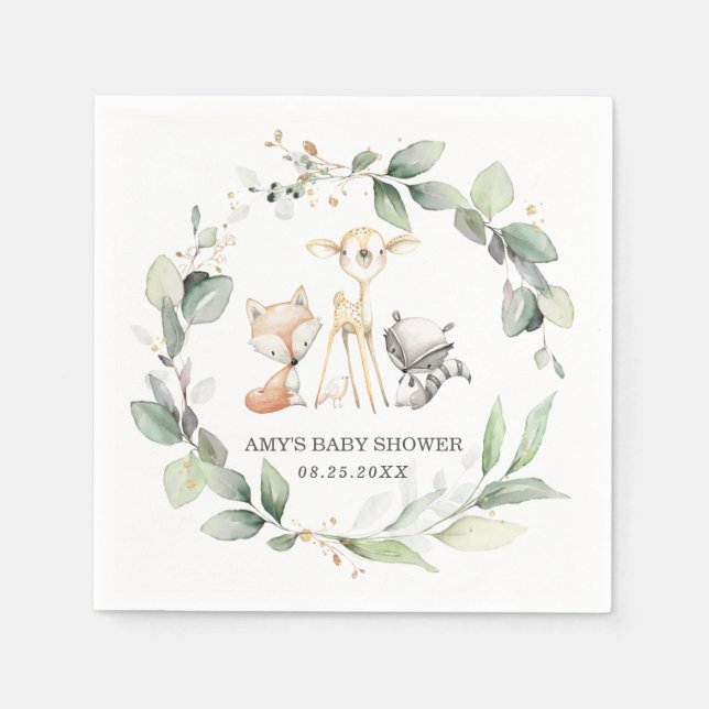 Whimsical Woodland Animals Greenery Baby Dusche Serviette (Vorderseite)