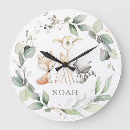 Whimsical Woodland Animals Greenery Boy Girl Room Große Wanduhr