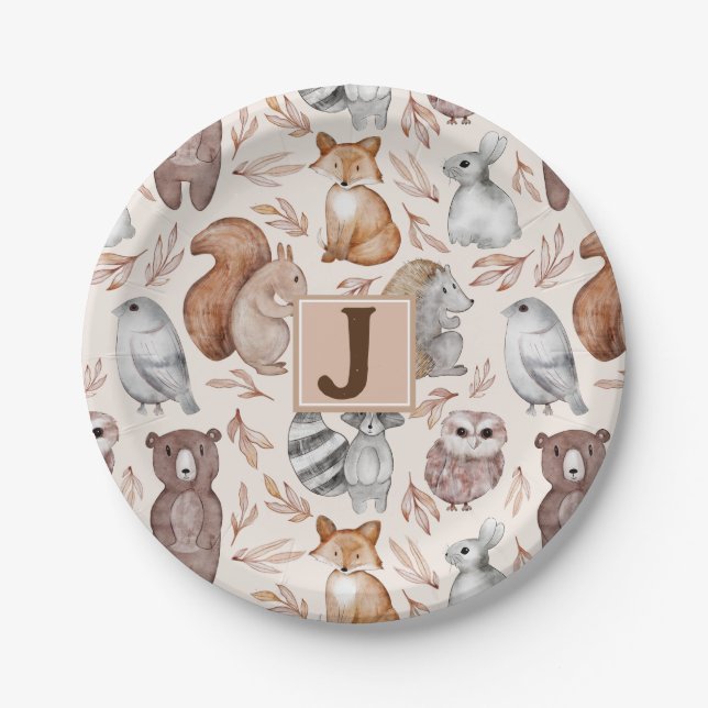 Whimsical Woodland Animals Monogram Party Pappteller (Vorderseite)
