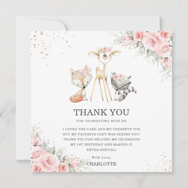 Whimsical Woodland Animals Rosa Bläsergeburt Dankeskarte (Vorderseite)