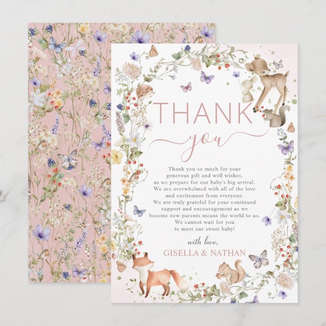 Whimsical Woodland Animals Wildflower Baby Shower Dankeskarte (Vorne/Hinten)