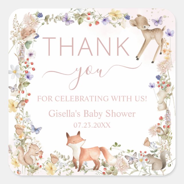 Whimsical Woodland Animals Wildflower Baby Shower  Quadratischer Aufkleber (Vorderseite)