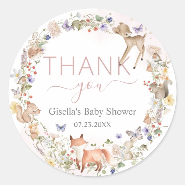 Whimsical Woodland Animals Wildflower Baby Shower  Runder Aufkleber (Vorderseite)