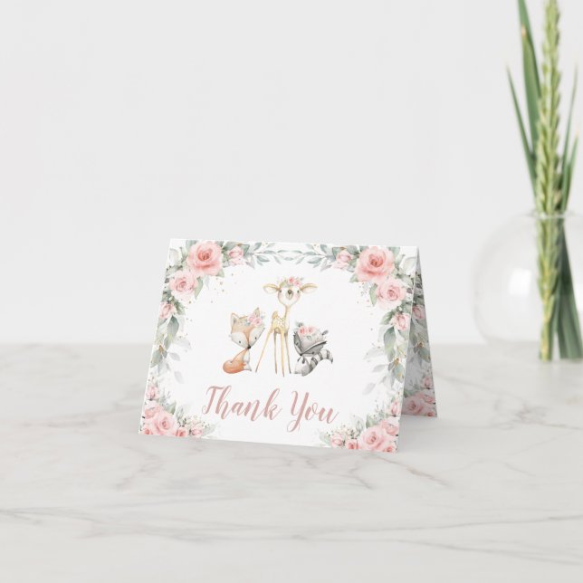 Whimsical Woodland Animes Soft Blush Floral Baby Dankeskarte (Vorderseite)