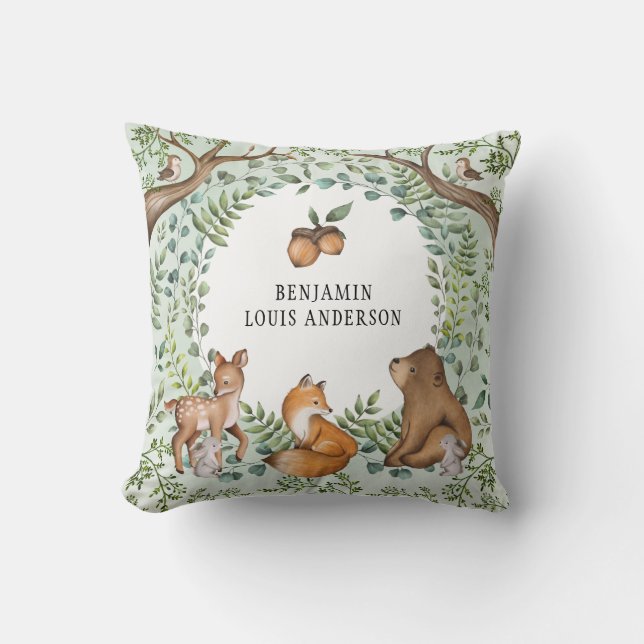 Whimsical Woodland Baby Animals Wald Grüne  Kissen (Vorderseite)