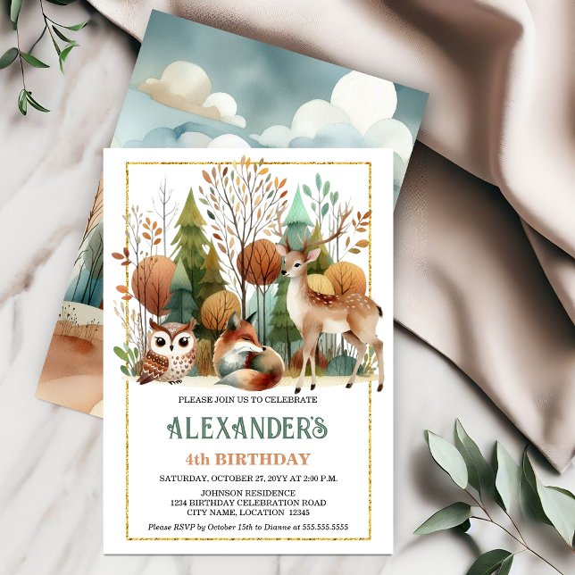 Whimsical Woodland Birthday Party Einladung (Whimsical woodland birthday party invitation front and back view.)