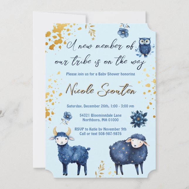 Whimsical Woodland Blue Gold Baby Dusche Einladung (Vorderseite)