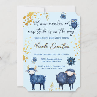Whimsical Woodland Blue Gold Baby Dusche Einladung