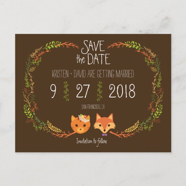 Whimsical Woodland Cat & Fox Hochzeit Speichern Si Ankündigungspostkarte (Vorderseite)