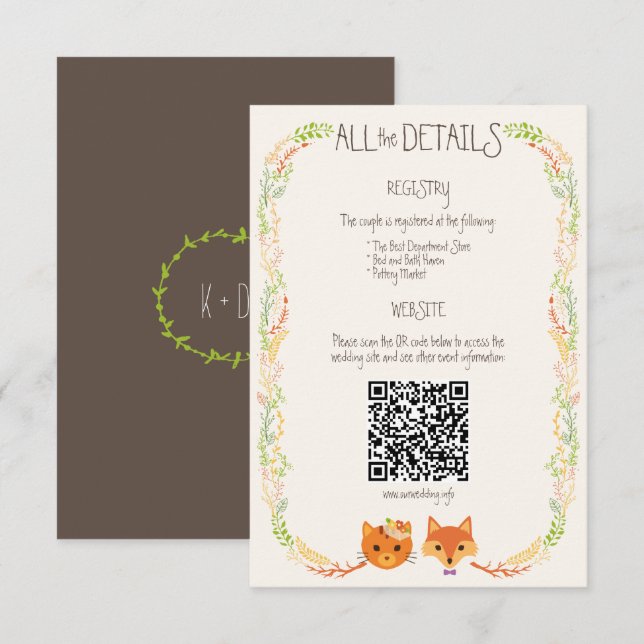 Whimsical Woodland Cat & Fox Rustikale Hochzeit Begleitkarte (Vorne/Hinten)