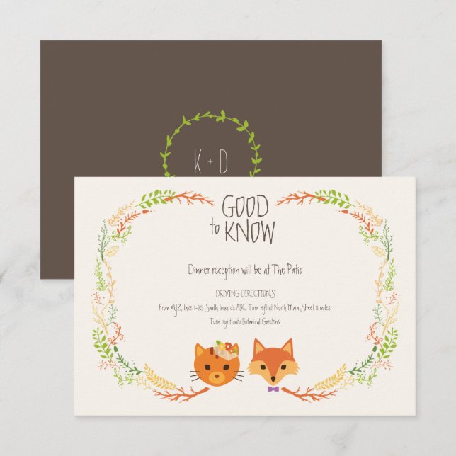 Whimsical Woodland Cat & Fox Wedding Begleitkarte (Vorne/Hinten)