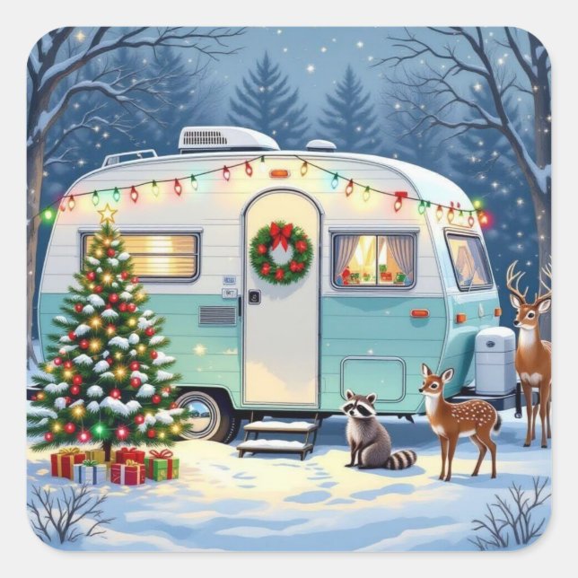 Whimsical Woodland Creatures and Retro RV Camper Quadratischer Aufkleber (Vorderseite)