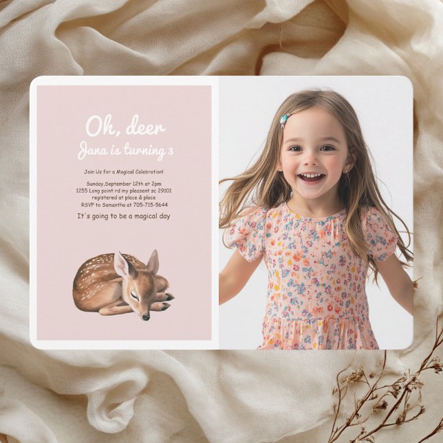 Whimsical Woodland Deen Birthday Pink Foto Einladung (Von Creator hochgeladen)
