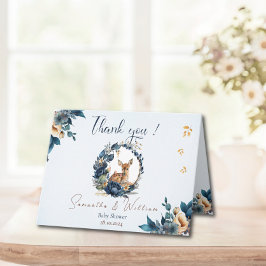 Whimsical Woodland Deer Blue Floral Blätter Dankeskarte