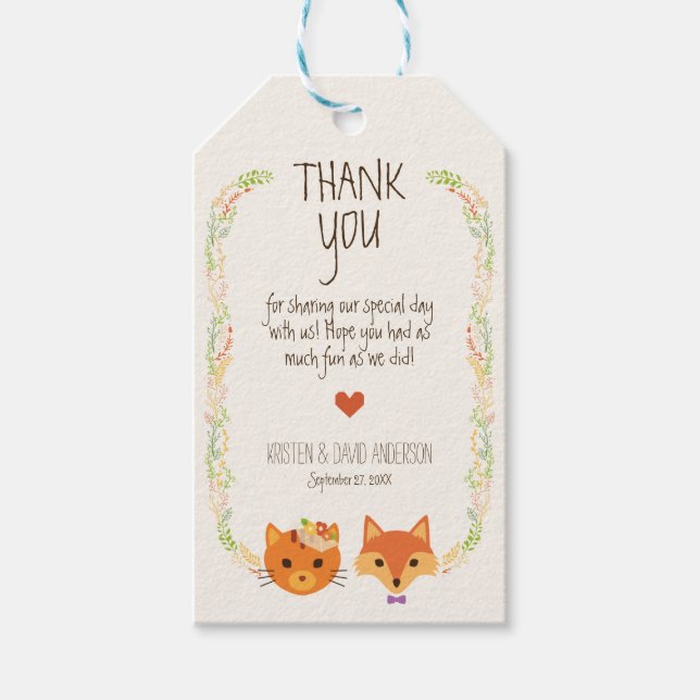 Whimsical Woodland Fox & Cat Wedding Geschenkanhänger (Vorderseite)