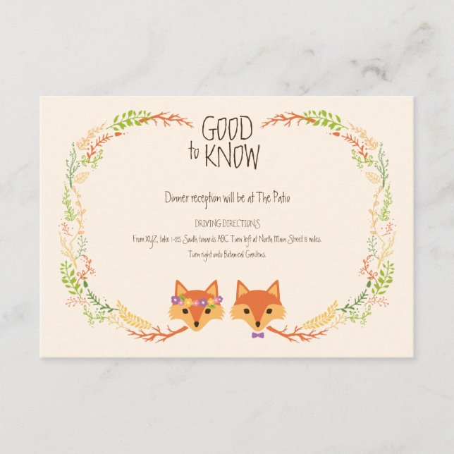 Whimsical Woodland Foxes Elfenbein Hochzeitsinfo-K Begleitkarte (Vorderseite)