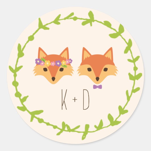 Whimsical Woodland Foxes Elfenbeinhochzeit Runder Aufkleber (Vorderseite)