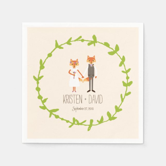 Whimsical Woodland Foxes Elfenbeinhochzeit Serviette (Vorderseite)
