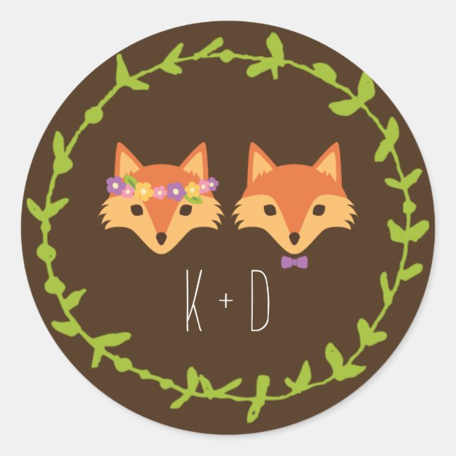 Whimsical Woodland Foxes Hochzeit Runder Aufkleber (Vorderseite)