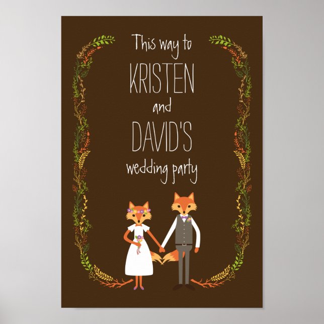 Whimsical Woodland Foxes Wedding Sign Poster (Vorne)