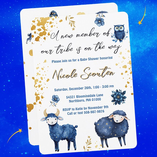 Whimsical Woodland Night: Ein Baby ist unterwegs Einladung (Celestial Woodland Baby Shower Theme with Floral and Golden Accents)