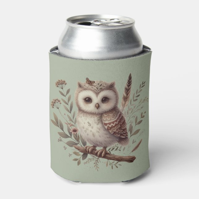 Whimsical Woodland Owl Botanical Illustration Dosenkühler (Kanne Vorderseite)
