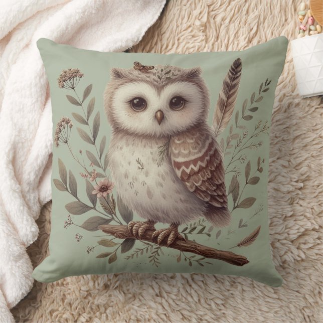Whimsical Woodland Owl Botanical Illustration Kissen (Decke)
