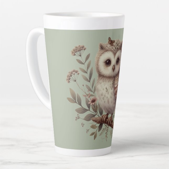 Whimsical Woodland Owl Botanical Illustration Milchtasse (Linke Ecke)