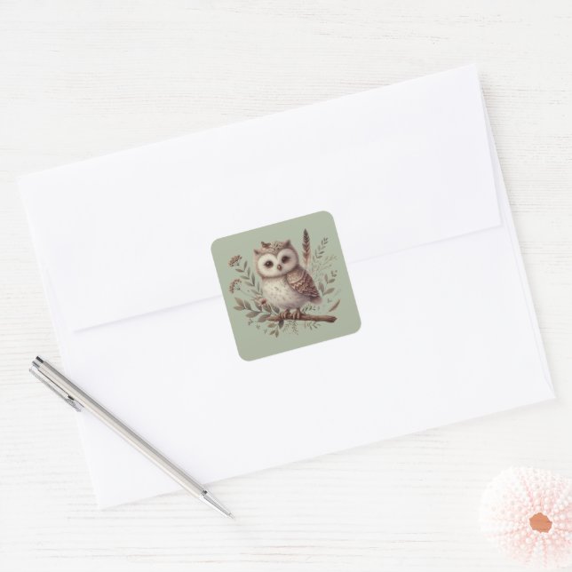 Whimsical Woodland Owl Botanical Illustration Quadratischer Aufkleber (Umschlag)