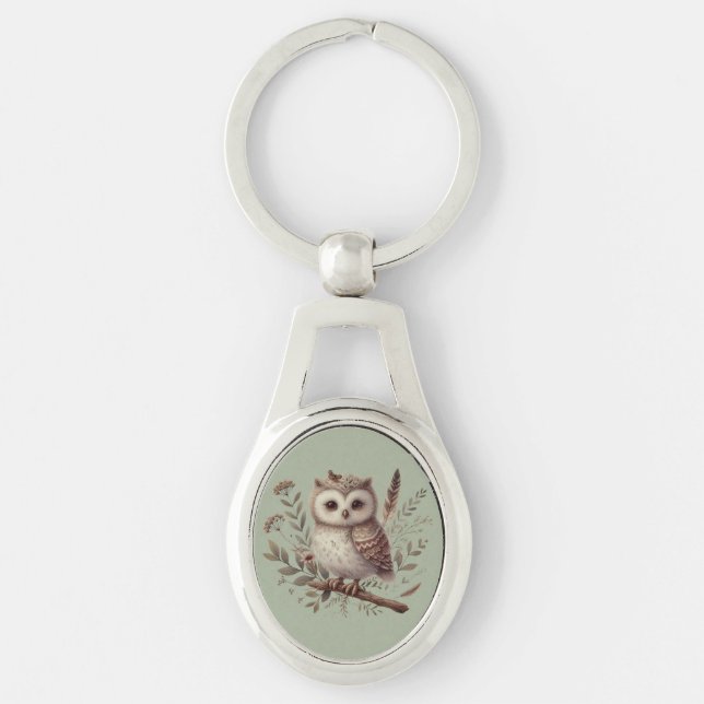 Whimsical Woodland Owl Botanical Illustration Schlüsselanhänger (Vorderseite)
