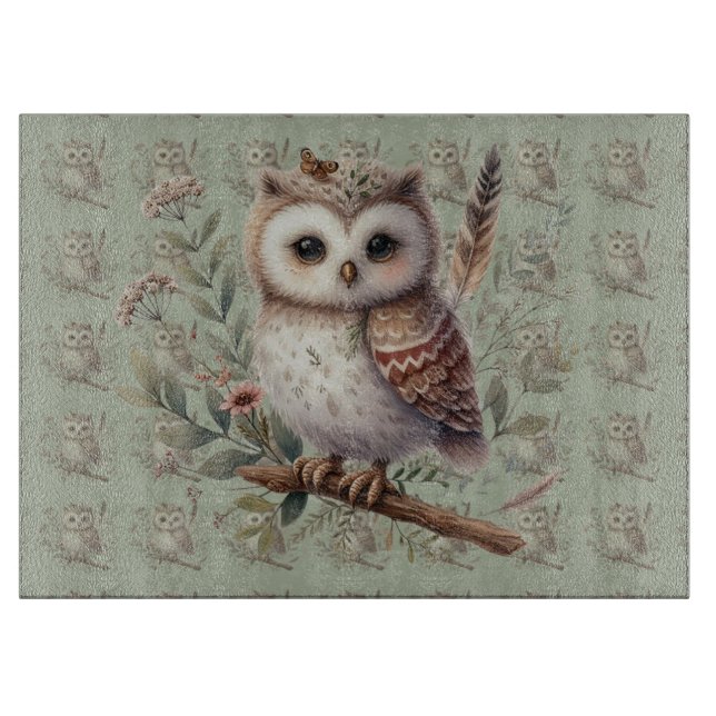 Whimsical Woodland Owl Botanical Illustration Schneidebrett (Vorderseite)