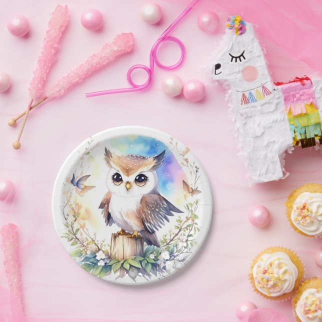 Whimsical Woodland Owl Girl Dusche Pappteller (Party)