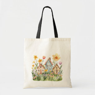 Whimsical Woodland Squirrel & Houses Floral Garden Tragetasche