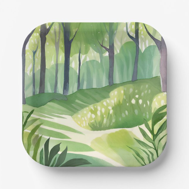 Whimsical Woods | Wald Wasserfarbenlandschaft Pappteller (Vorderseite)