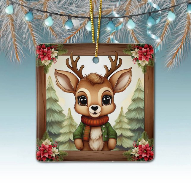 Whimsical Xmas Reindeer Holiday Decoration  🦌🎄 Keramikornament (Whimsical Xmas Reindeer Holiday Decoration Adorable Deer Antlers rustic square ceramic ornament 🦌🎄)