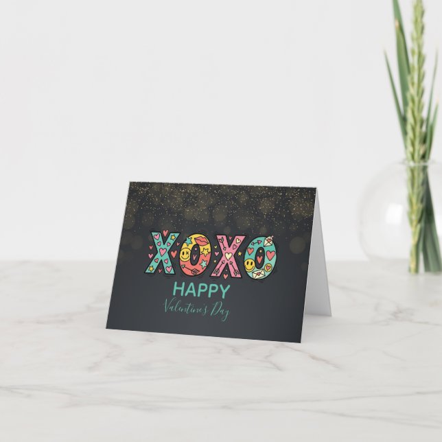 Whimsical "XOXO"Hearts Happy Valentine's Day Karte (Vorderseite)
