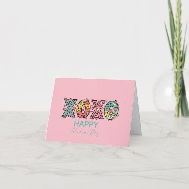Whimsical "XOXO"Hearts Happy Valentine's Day Pink Karte (Vorderseite)