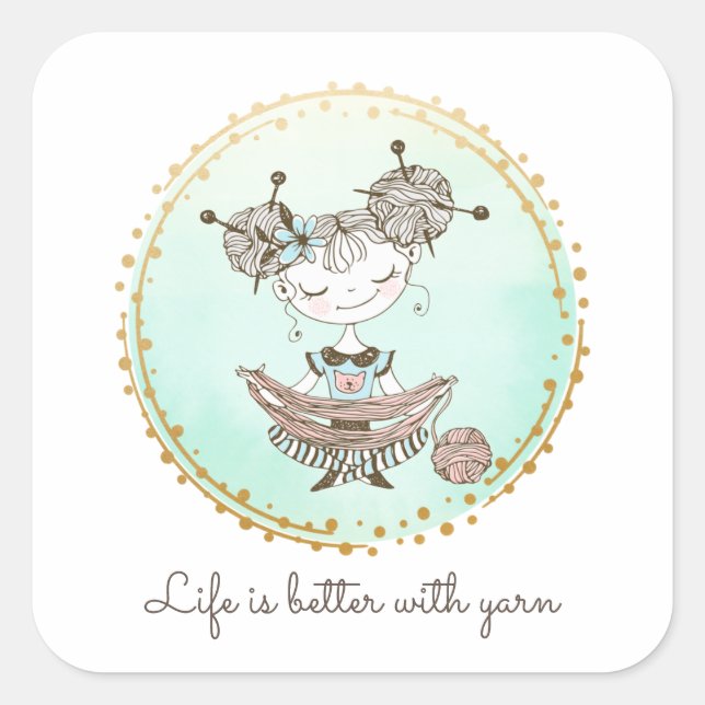 Whimsical Yarn Lover Girl Quadratischer Aufkleber (Vorderseite)