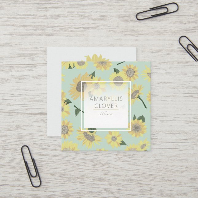 Whimsical Yellow Blue Sunflower Painted Blume Quadratische Visitenkarte (Vorderseite/Rückseite Beispiel)
