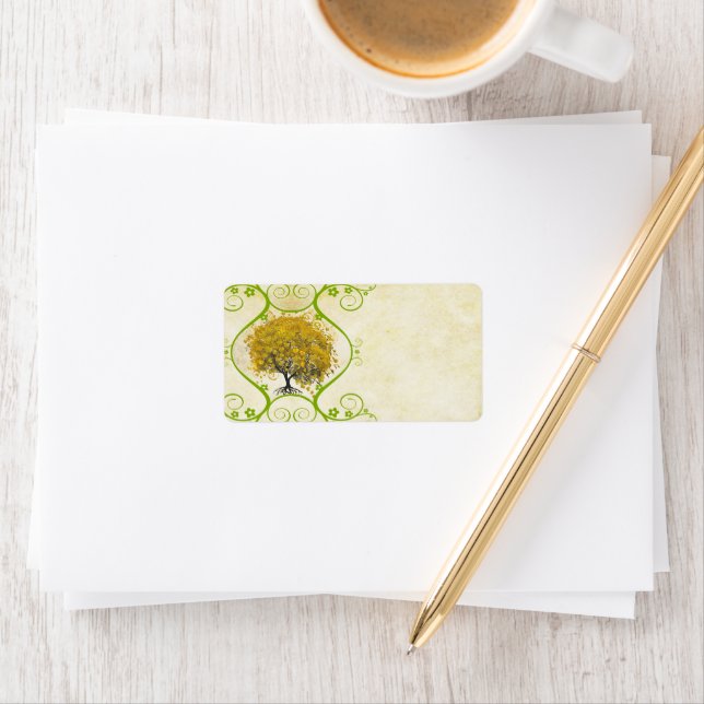 Whimsical Yellow Golden Rod Heart Leafed Tree Adressaufkleber (Insitu)