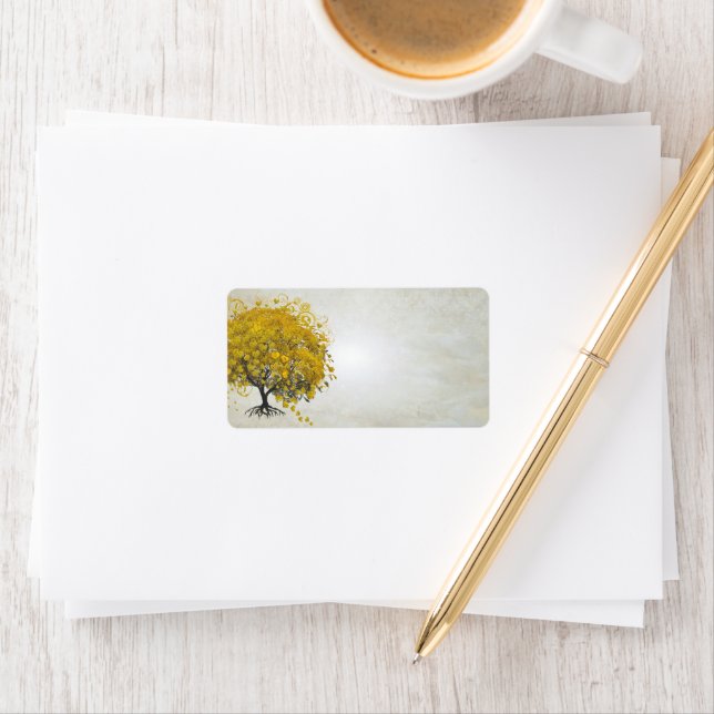 Whimsical Yellow Golden Rod Heart Leafed Tree Adressaufkleber (Insitu)