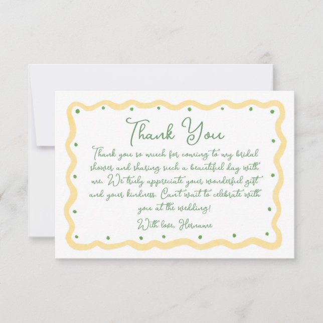 Whimsical Yellow Green Hand Painted Bridal Shower Dankeskarte (Vorderseite)