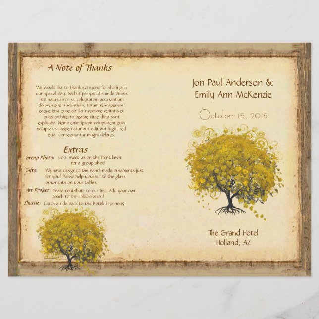Whimsical Yellow Heart Leaf Tree Hochzeitsprogramm (Vorderseite)