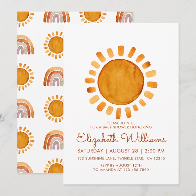 Whimsical Yellow Watercolor Sunshine Baby Dusche Einladung (Vorne/Hinten)