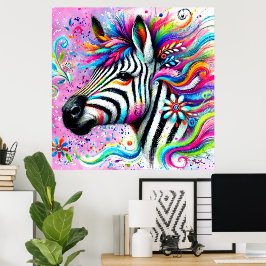 Whimsical Zebra Floral Pink Aquamarin grüne Daisy Poster