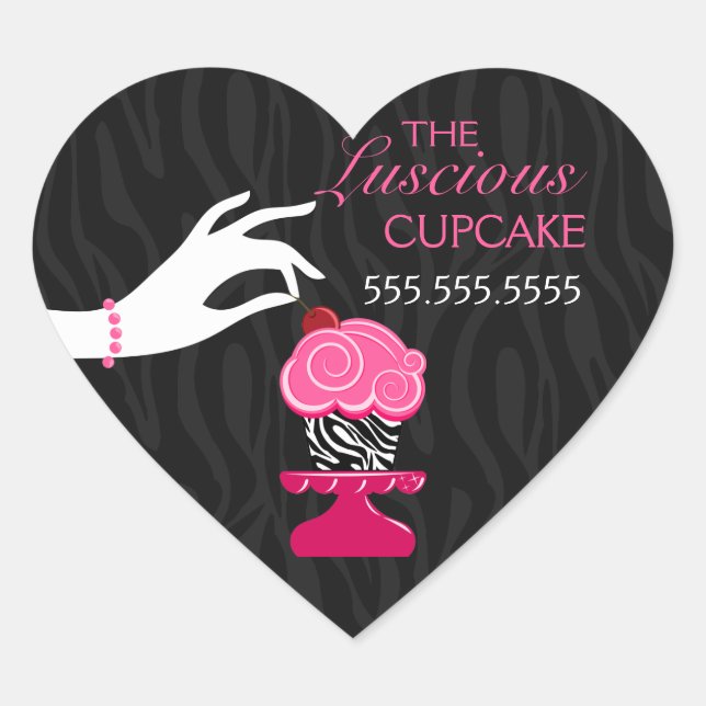 Whimsical Zebra und Cherry Cupcake Bäckerei Siegel Herz-Aufkleber (Vorderseite)