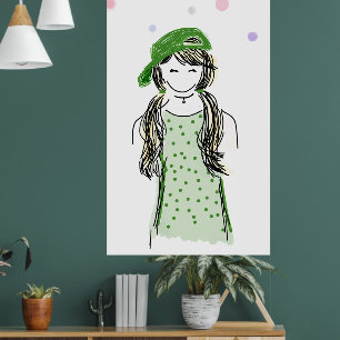 Whimsical Zeichnend Modernes Girl Grünkleid und Hu Poster