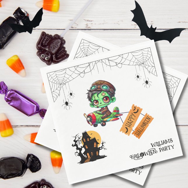 Whimsical Zombie Pilot Flugzeug Kids Halloween Serviette (Personalize it with a name on the bottom right hand corner.)